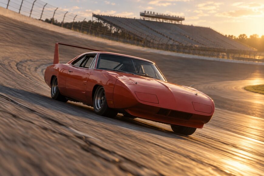 Vintage orange Dodge Charger Daytona race car speeding on a banked asphalt racetrack during golden sunset light