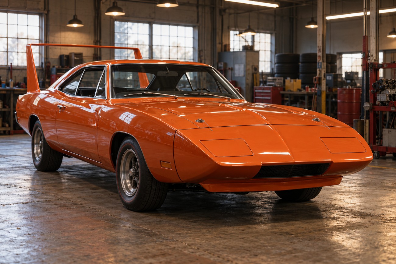 An orange classic Dodge Charger Daytona with a large rear wing parked inside a rustic industrial garage