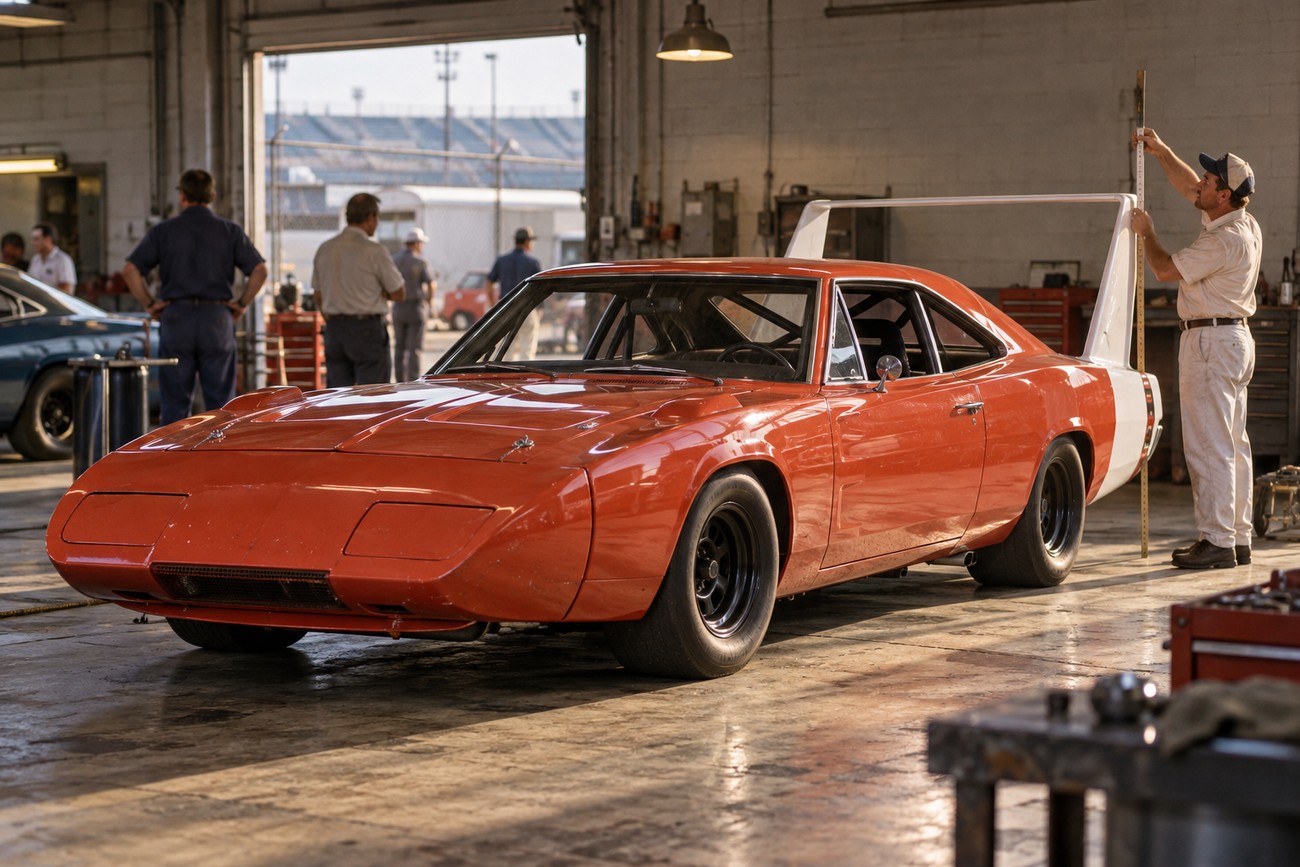 A mechanic uses a ruler to measure the giant rear wing of a red Dodge Charger Daytona race car inside a workshop