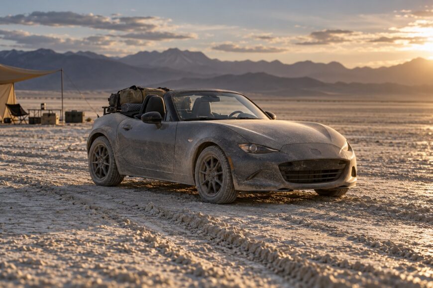 A dusty Mazda MX-5 convertible parked on the desert playa at sunset with distant mountains and a camp setup