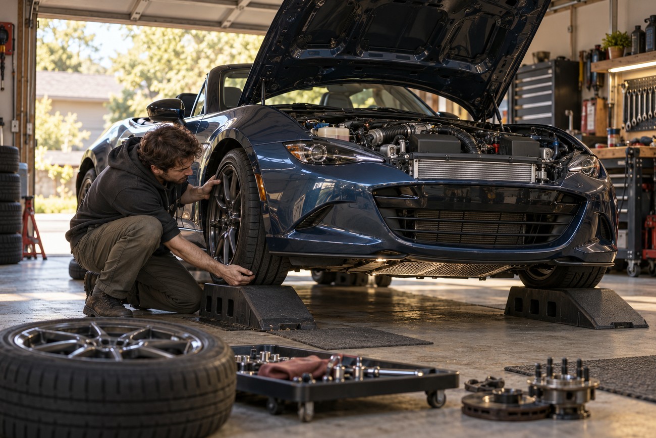 A man checks the tire of a blue Mazda MX-5 raised on plastic ramps inside a garage with tools nearby