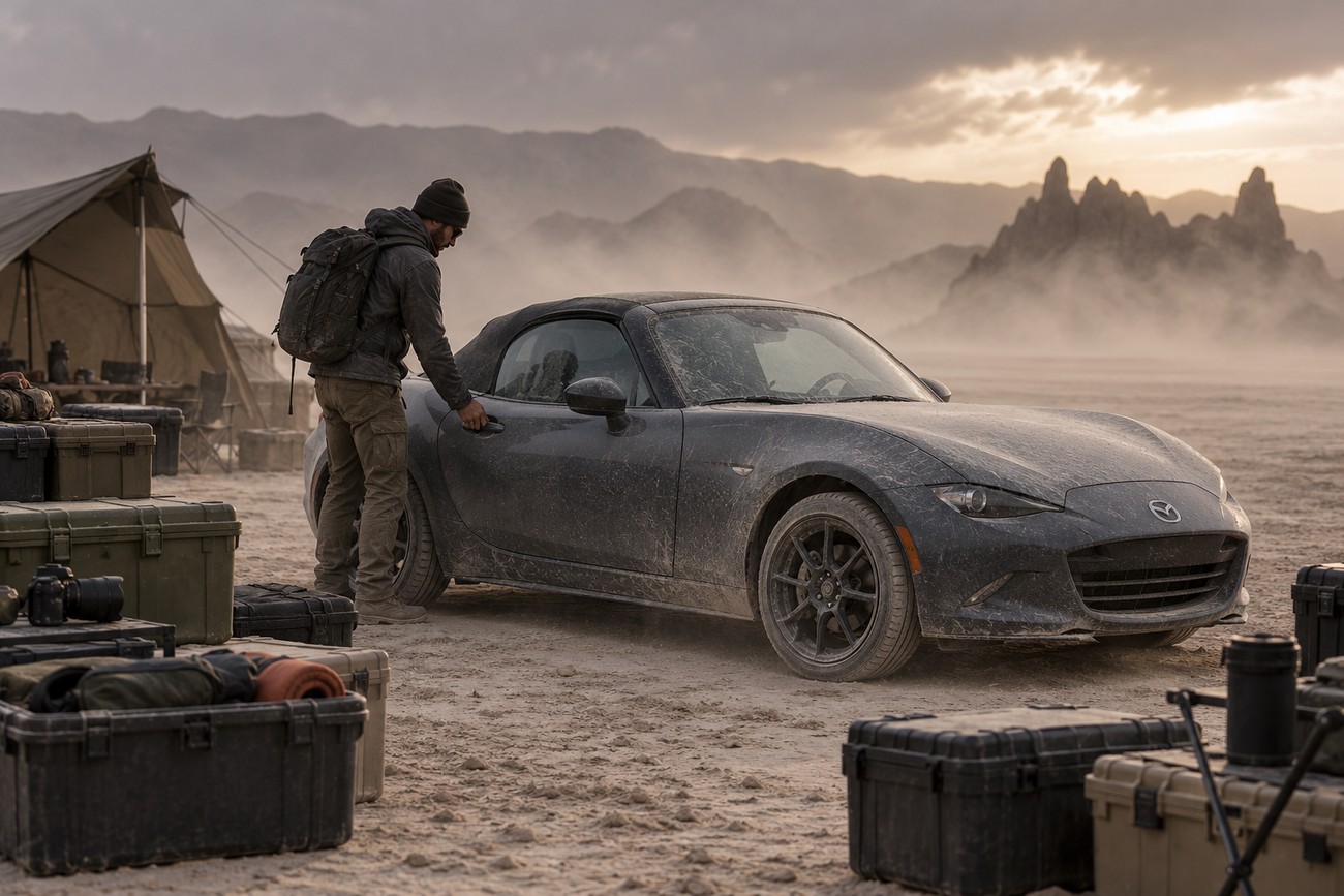 A man with a backpack opening the door of a dusty dark Mazda MX-5 parked in a desert camp with storage boxes and a tent