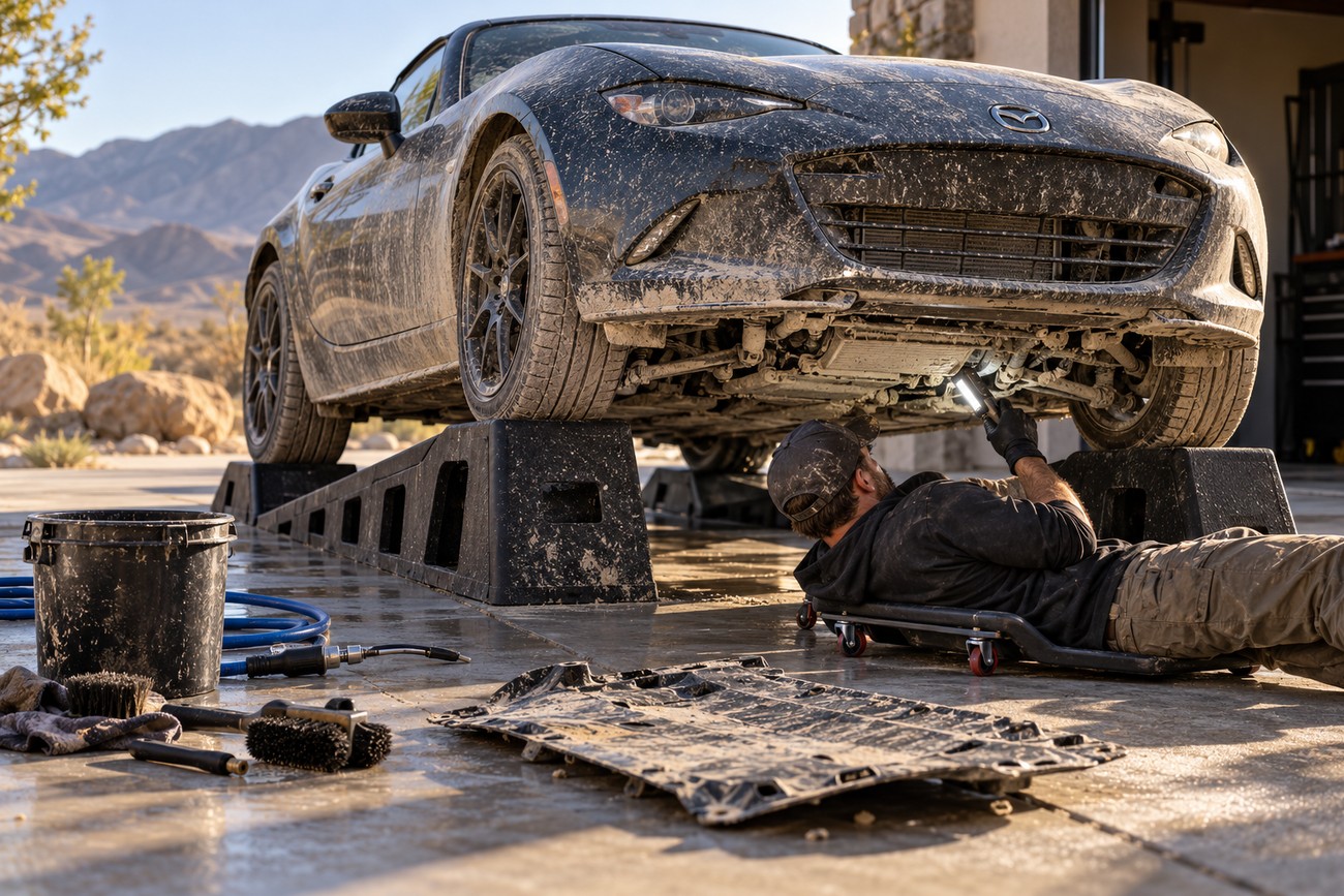 A mechanic lies on a creeper under a mud-covered Mazda MX-5 raised on plastic ramps