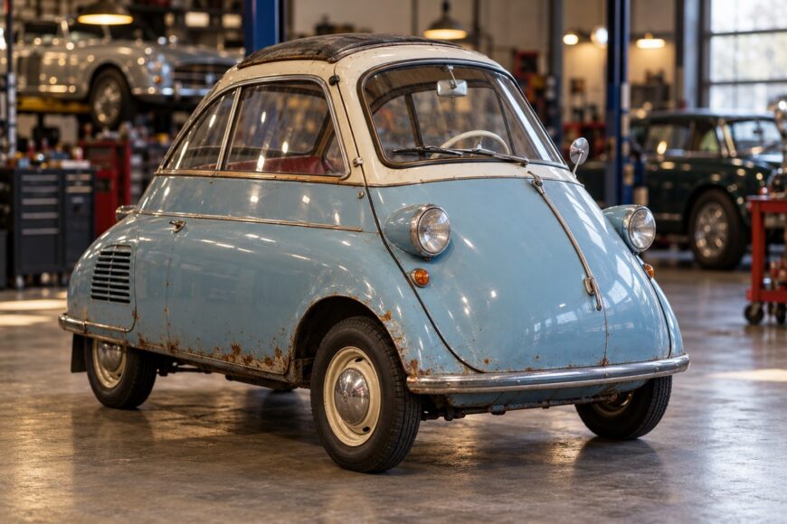 Vintage light blue and white Heinkel Kabine bubble car parked inside a well-lit auto repair shop