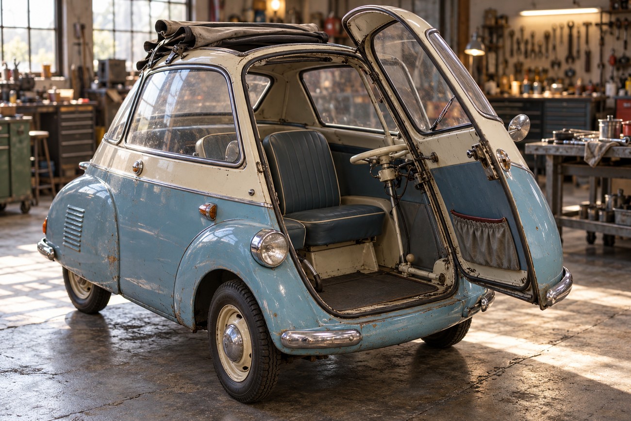 Vintage blue and white Heinkel Kabine bubble car with open front door parked inside a cluttered mechanic workshop