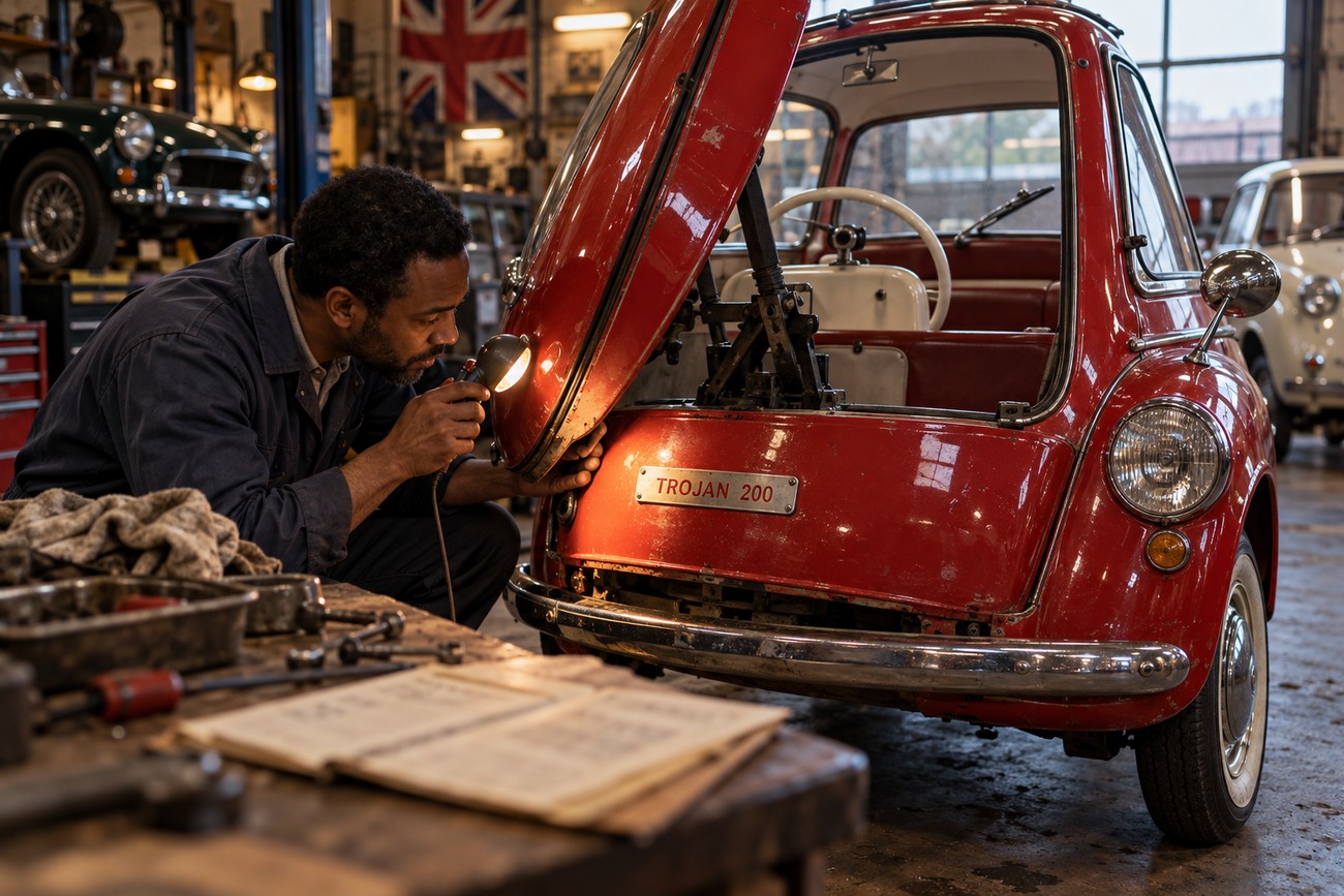 A mechanic inspecting a red Heinkel Kabine bubble car with its front-opening door raised in a vintage repair shop