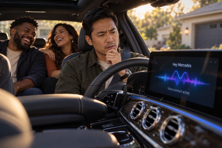 Confused male driver looking at the Mercedes MBUX display showing the voice assistant while friends laugh in the back seat