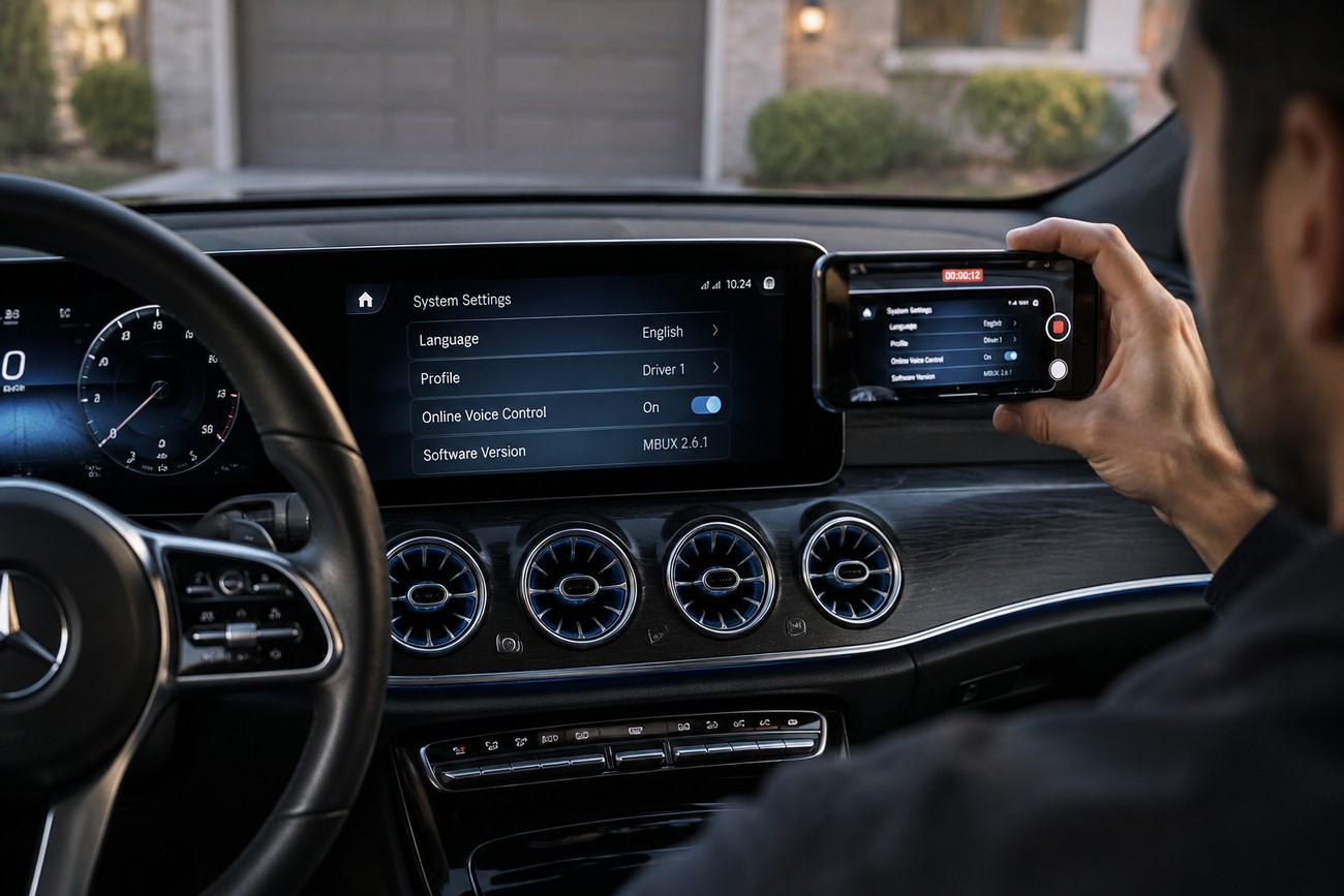 Driver sitting inside a Mercedes-Benz and recording the MBUX infotainment screen showing system settings with a smartphone