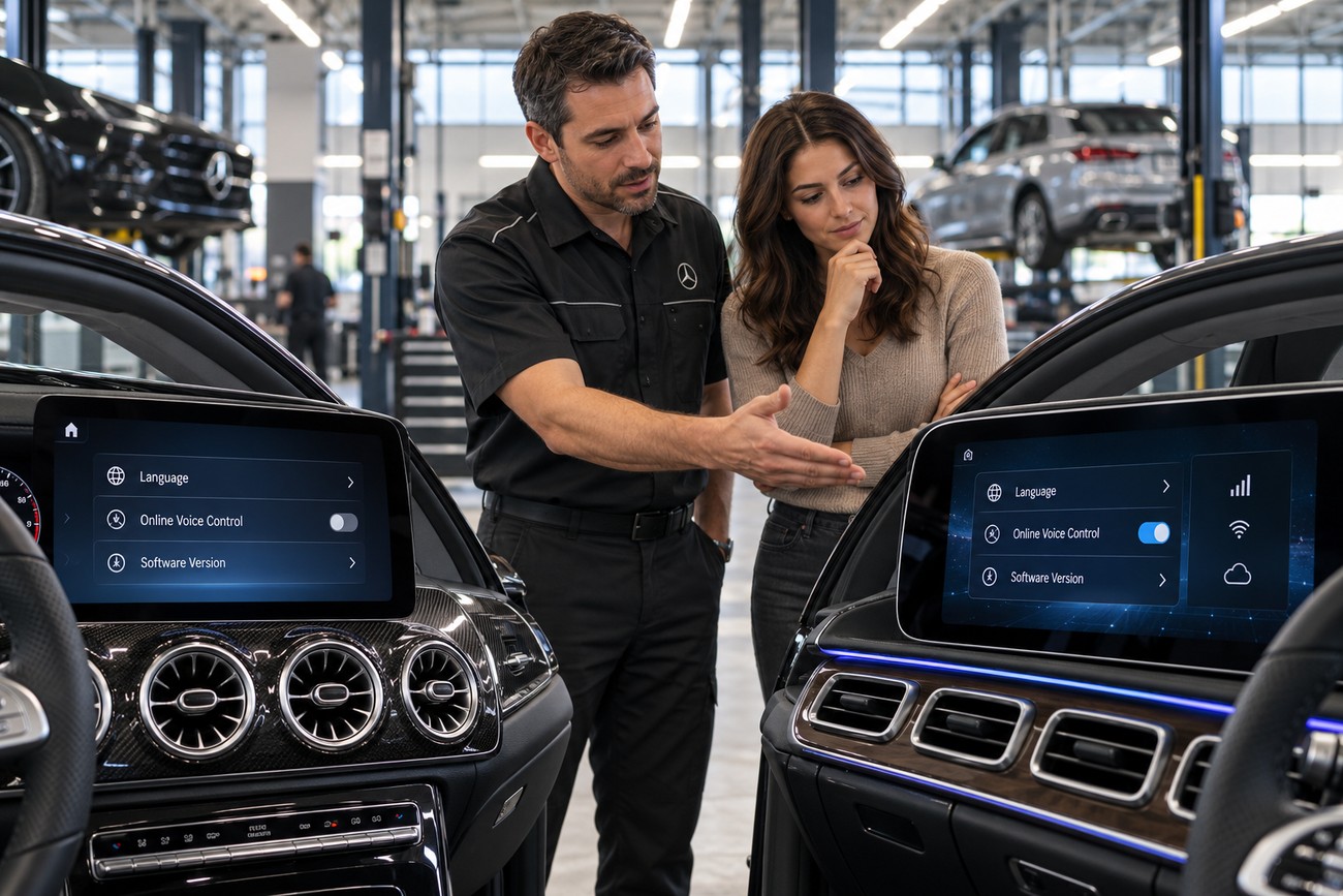 A dealership specialist pointing at the Mercedes MBUX digital screen while a female customer looks on in a showroom