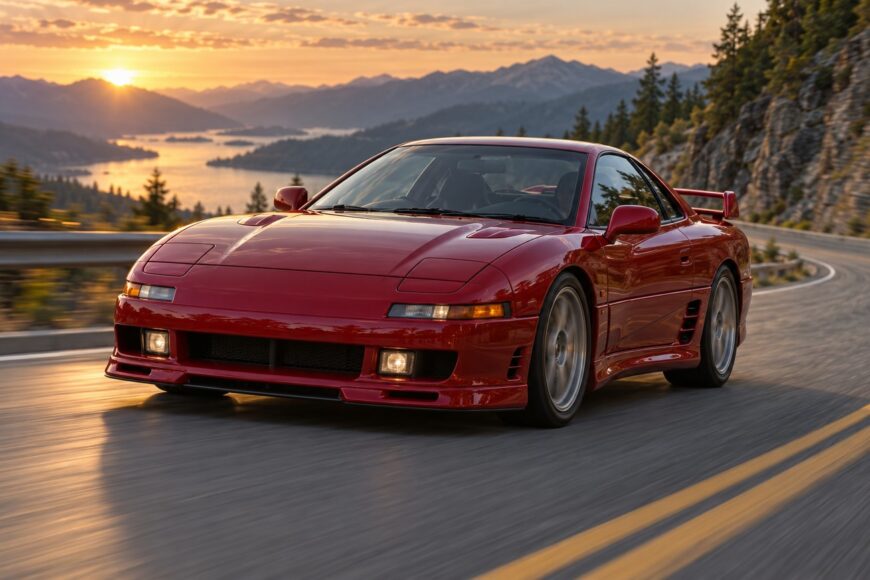 A red Mitsubishi GTO sports car driving on a winding mountain road overlooking a lake at sunset
