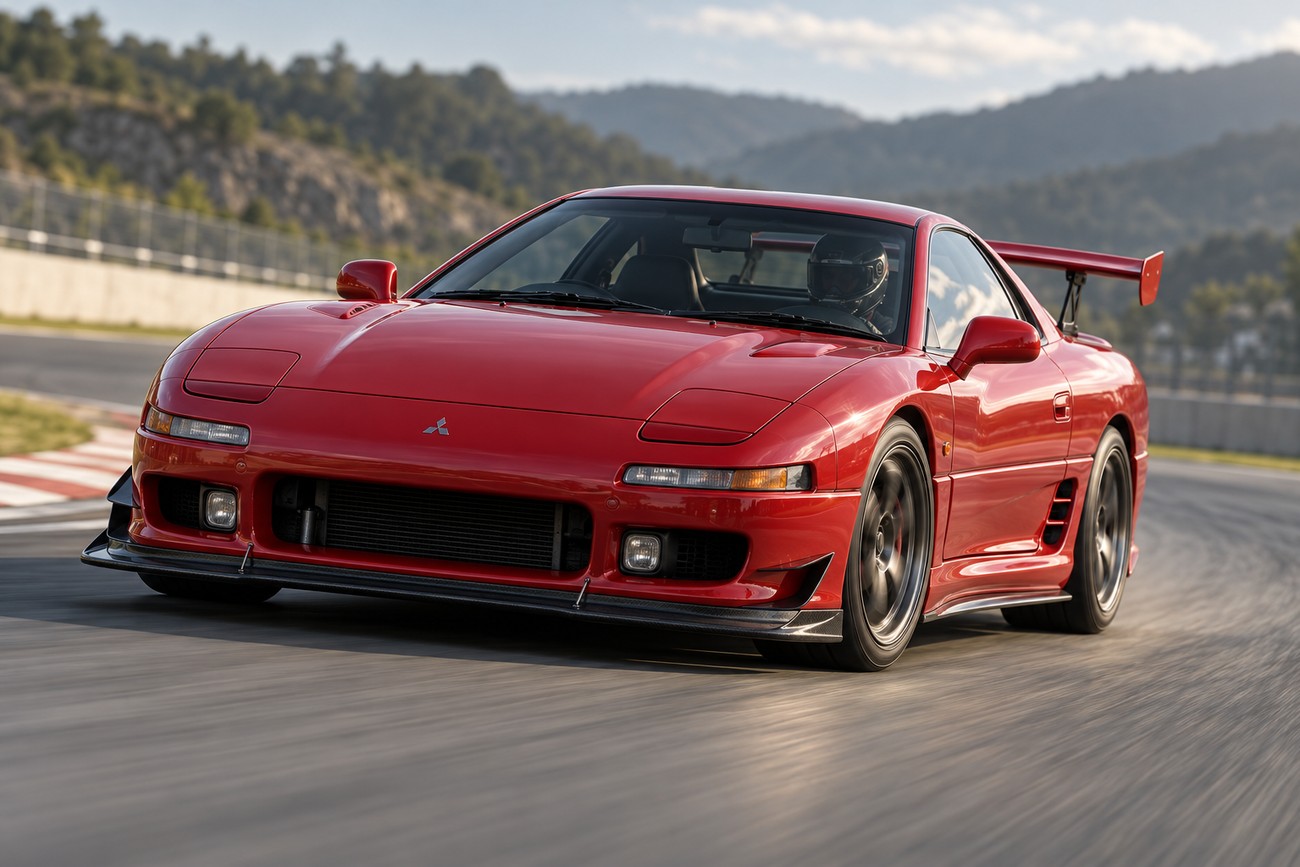 Red Mitsubishi GTO sports car driving fast around a curve on a racetrack with hills in the background