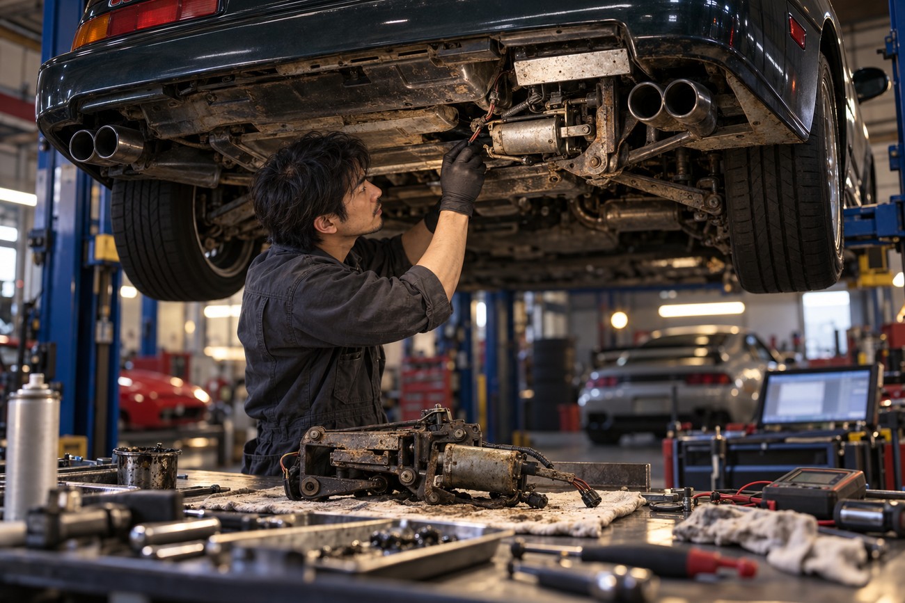 A mechanic in black overalls repairing the active aero system underneath a hoisted Mitsubishi GTO sports car in a workshop
