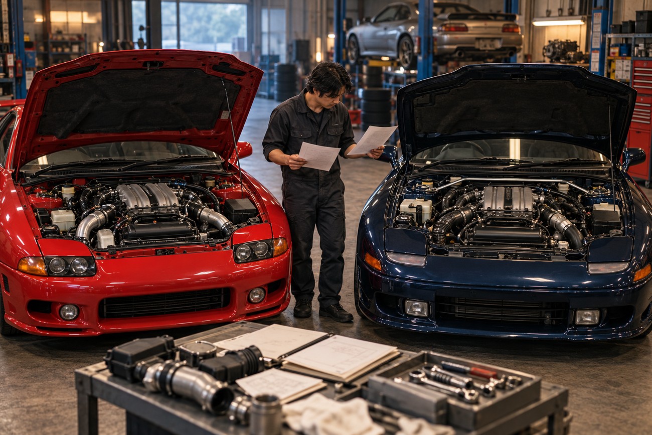 A mechanic in overalls holding papers stands between red and blue Mitsubishi GTO sports cars with open hoods inside a repair garage