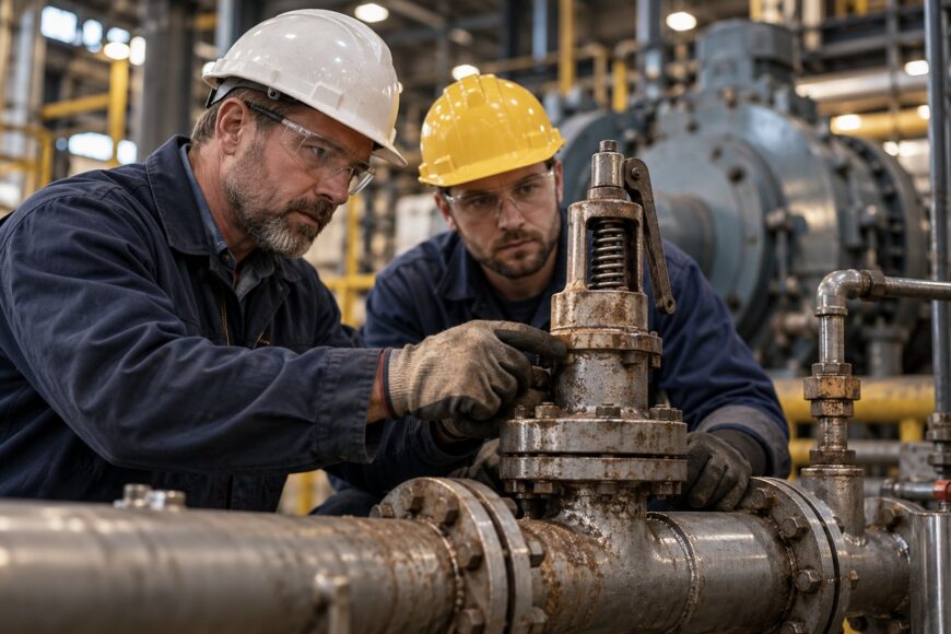 Two industrial technicians in hard hats inspecting a mechanical valve on a factory pipeline