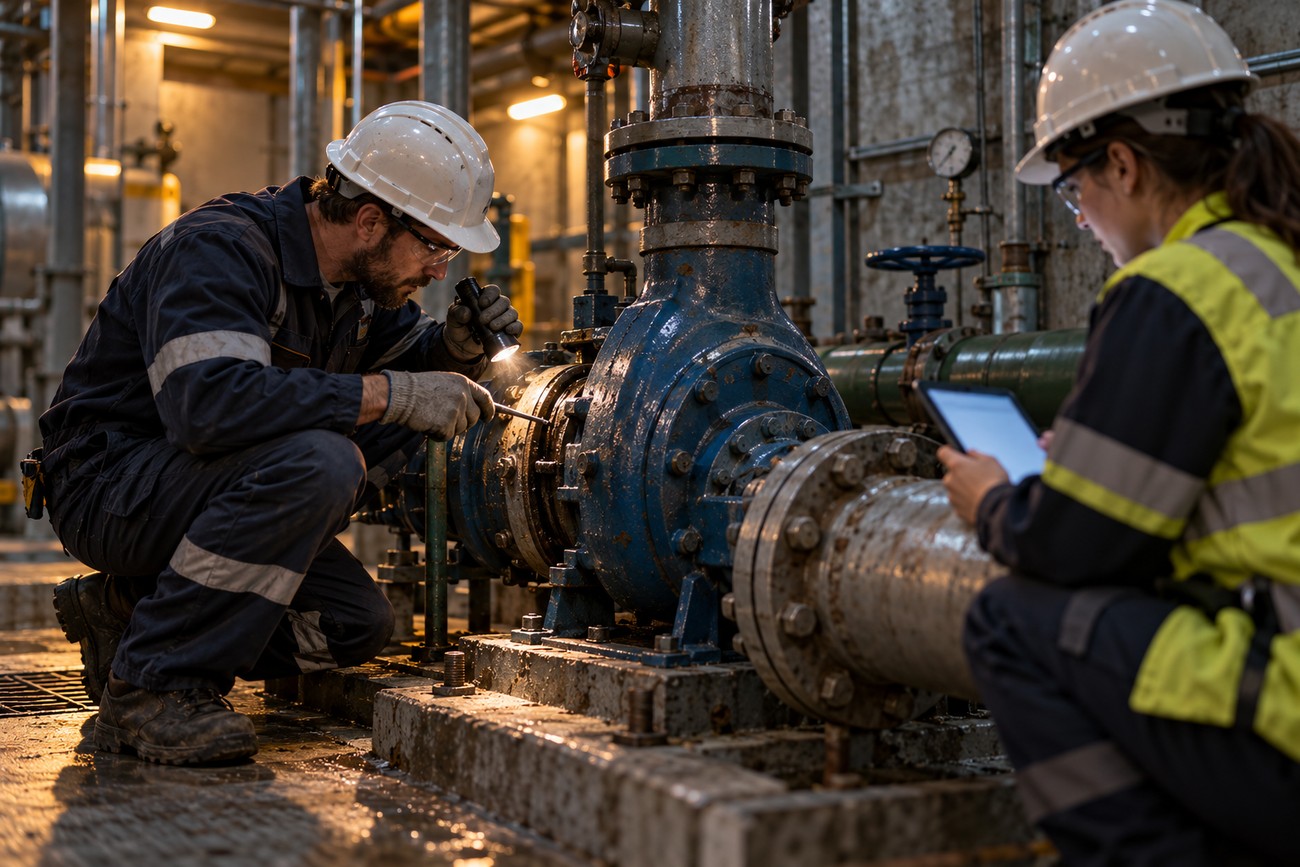 Male engineer inspecting an industrial pipe valve with a flashlight while a female colleague holds a digital tablet