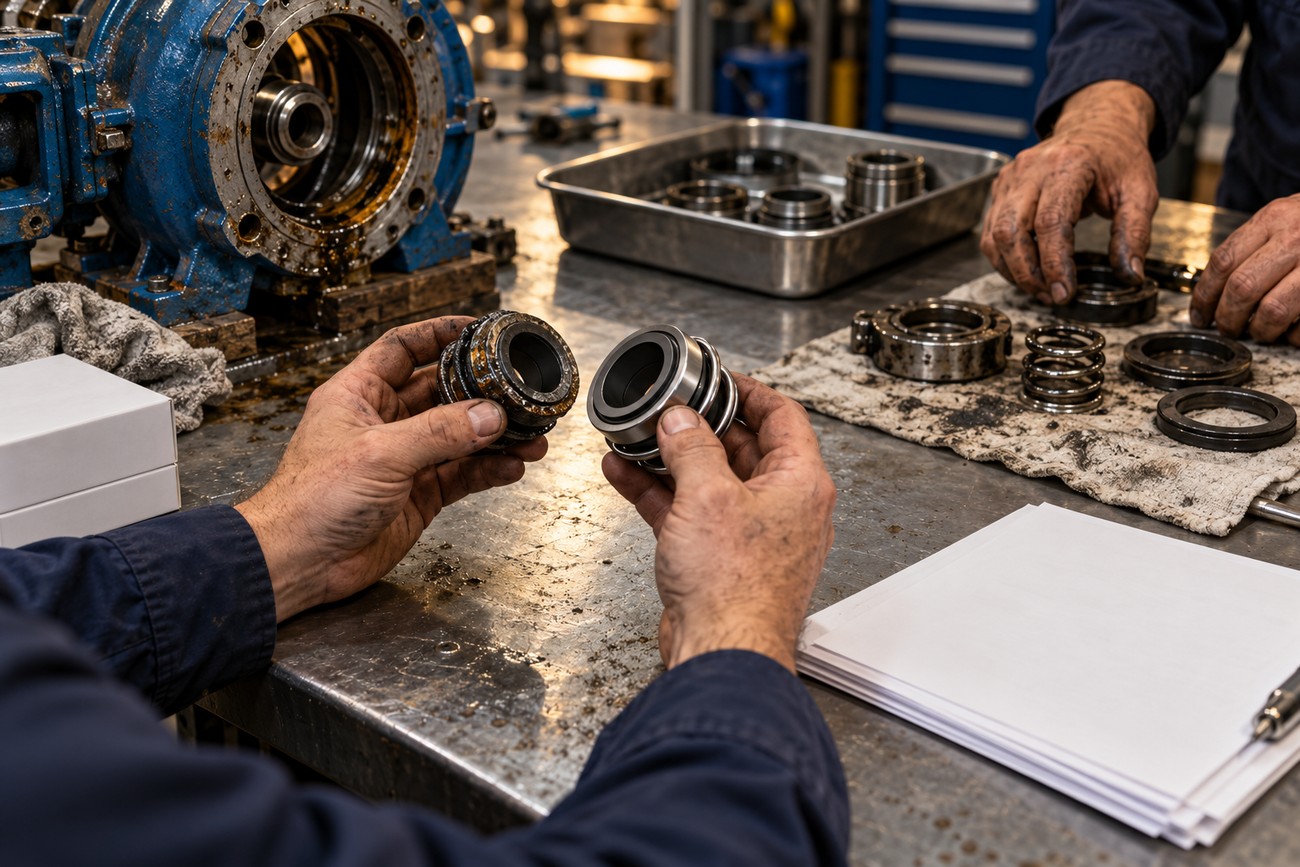 Mechanic holding and inspecting worn mechanical seal parts on a workbench in an industrial workshop