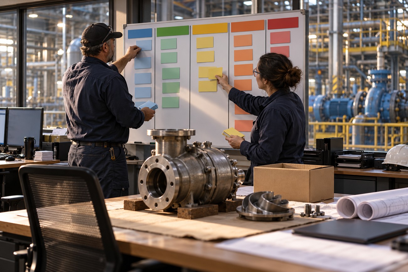 Two maintenance workers organizing tasks with colored sticky notes on a planning board inside an industrial plant office