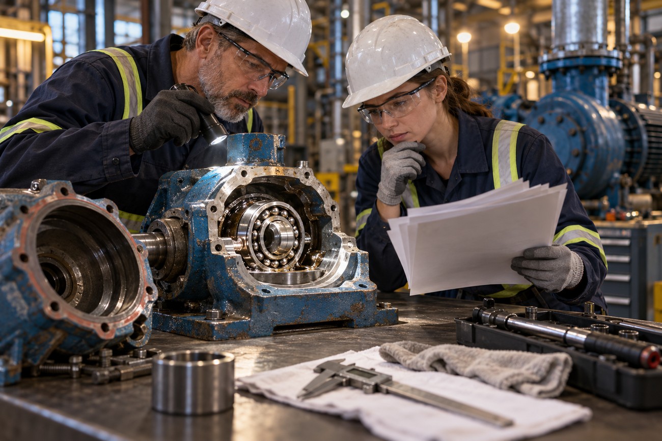 Two engineers in hard hats inspecting industrial machinery parts with a flashlight and blueprints on a workbench