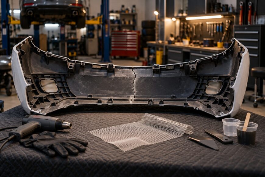 A cracked plastic bumper cover is placed on a workbench with a heat gun, reinforcing mesh, and adhesive in an auto repair shop
