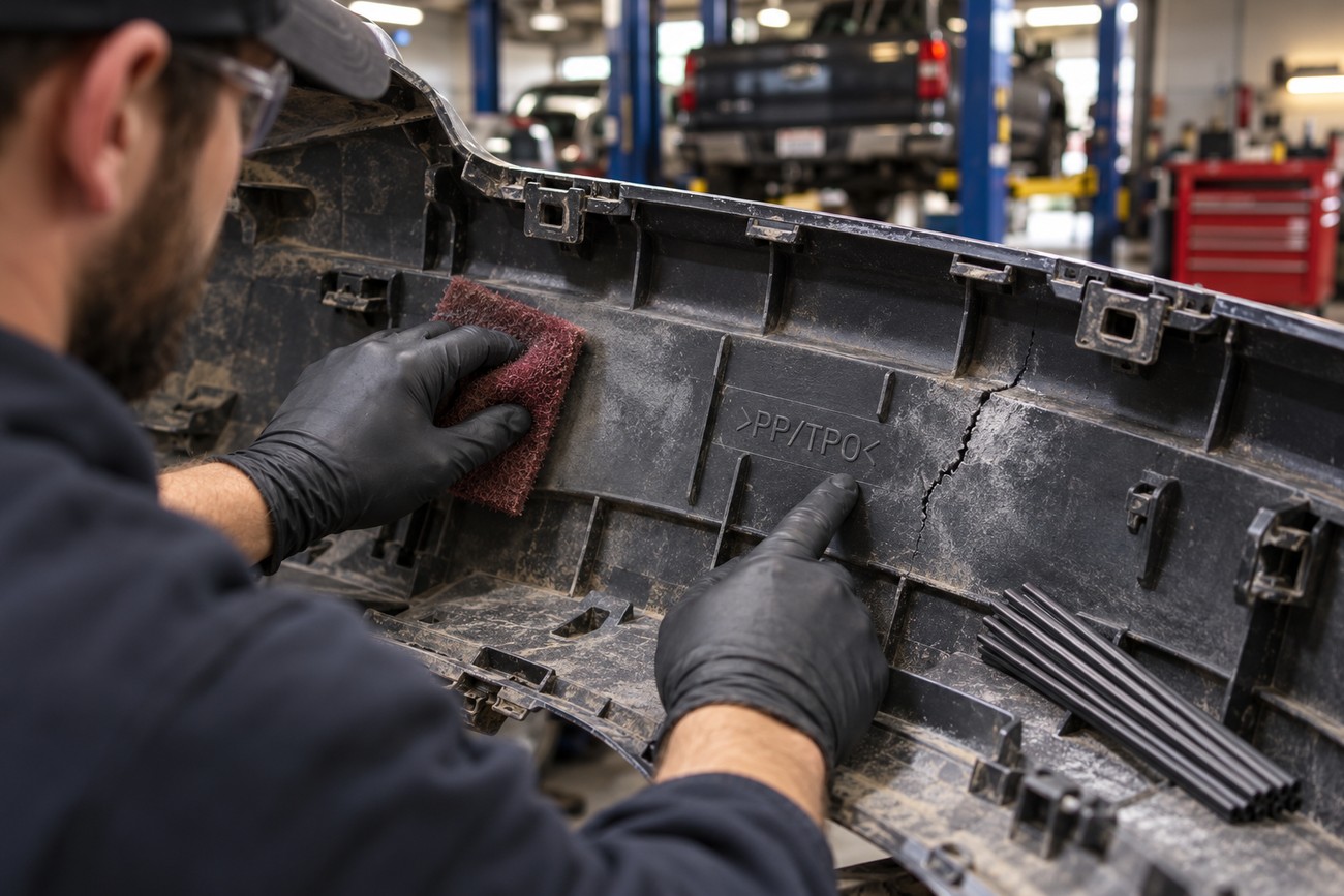 Mechanic wearing black gloves inspecting the PP TPO plastic stamp and crack on a car bumper cover