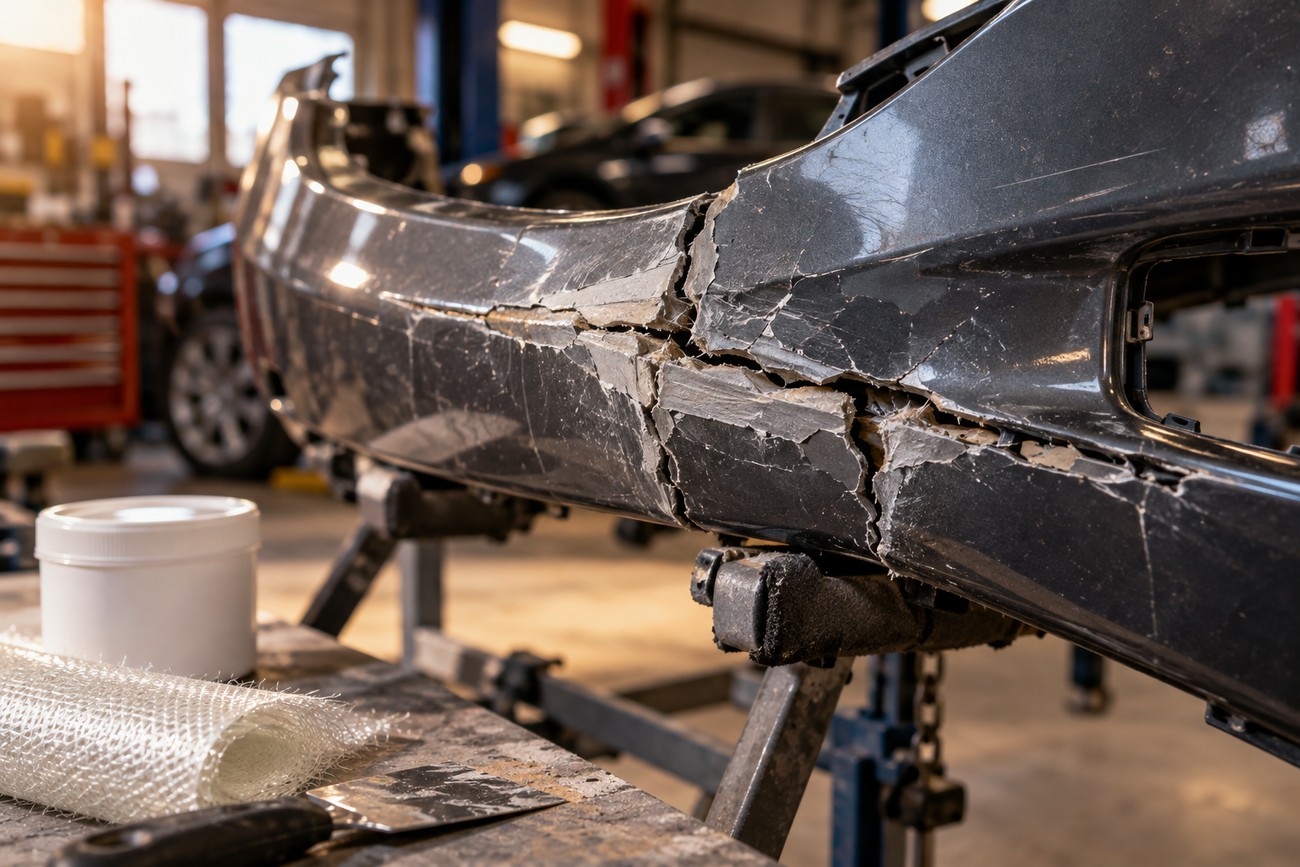 A severely cracked plastic bumper cover mounted on a stand inside a professional auto repair shop with repair materials on the workbench