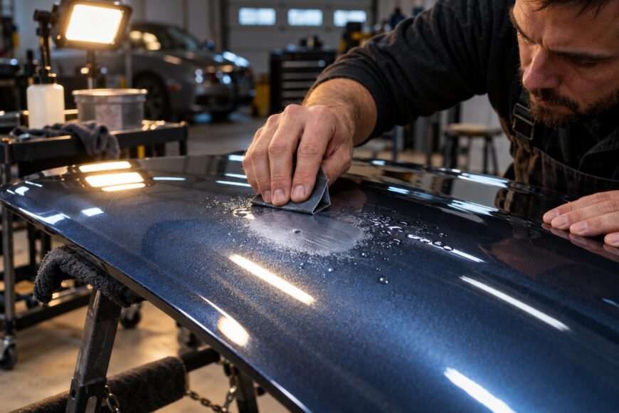 A mechanic wet sands the shiny blue clear coat of a car hood in a workshop