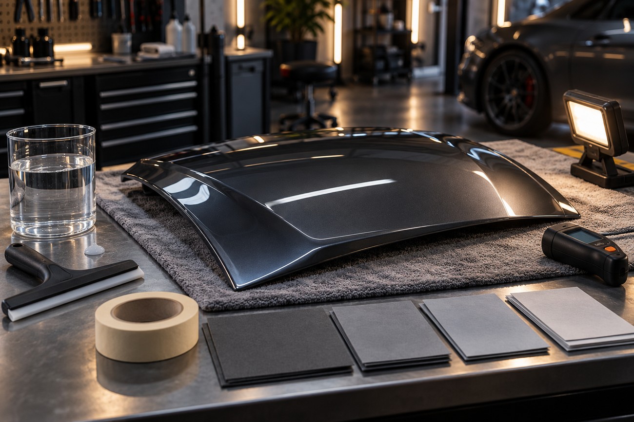 A freshly painted car roof panel on a workbench with sandpaper sheets, water container, squeegee, and a paint gauge in an auto body shop