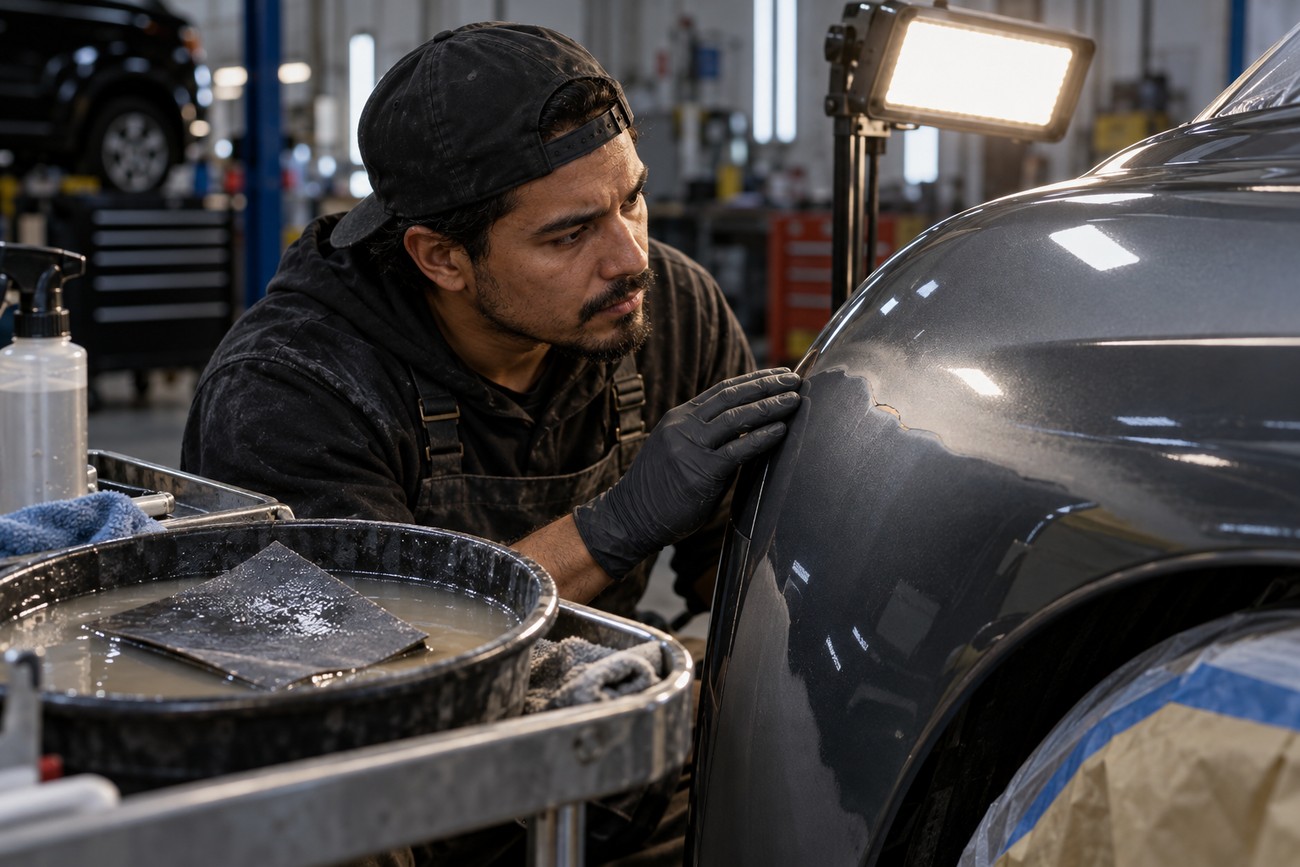 A mechanic wearing gloves inspects the freshly painted car fender during the wet sanding process in a workshop