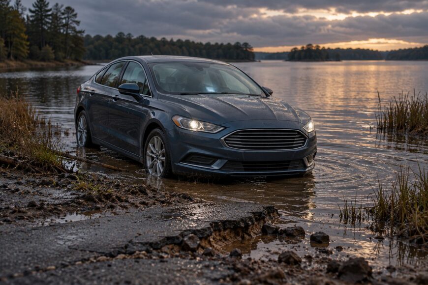 A dark gray Ford Fusion parked in the shallow water of a scenic lake at sunset