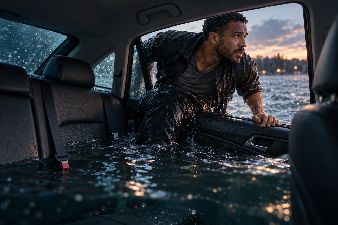 A distressed driver climbs out of the window of a flooded Ford Fusion sinking in a lake