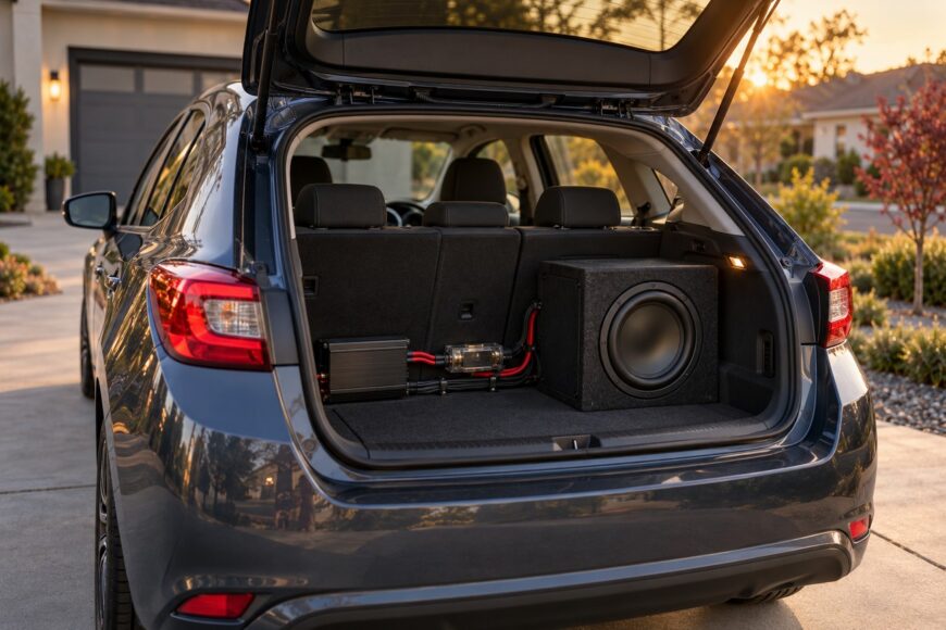 Subwoofer and amplifier installed in the open trunk of a small dark hatchback car parked in a driveway