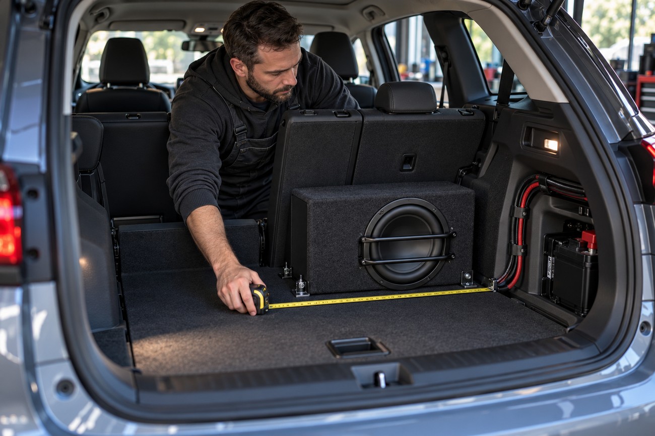 A mechanic measuring the car trunk space with a tape measure next to a subwoofer enclosure