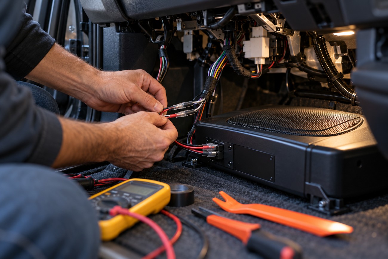 Mechanic connecting wires for a compact subwoofer installed under the dashboard of a car