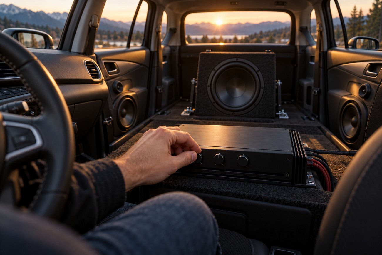A driver adjusting knobs on a black car amplifier inside a compact vehicle with a subwoofer installed in the trunk