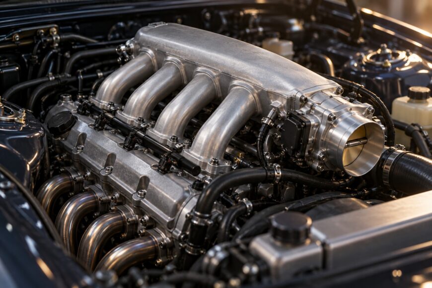High-performance aluminum intake manifold with matched runners installed inside a clean car engine bay