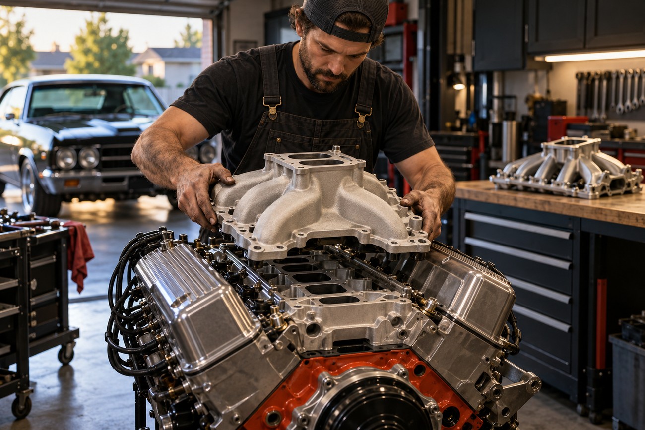 A mechanic in overalls installs an aluminum intake manifold onto a V8 engine inside a garage workshop