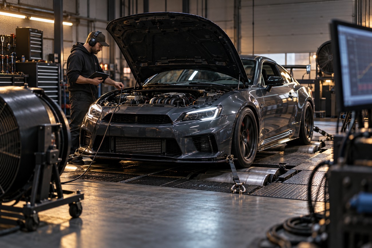 A technician in a workshop inspecting a car engine with an upgraded intake manifold secured on a dynamometer