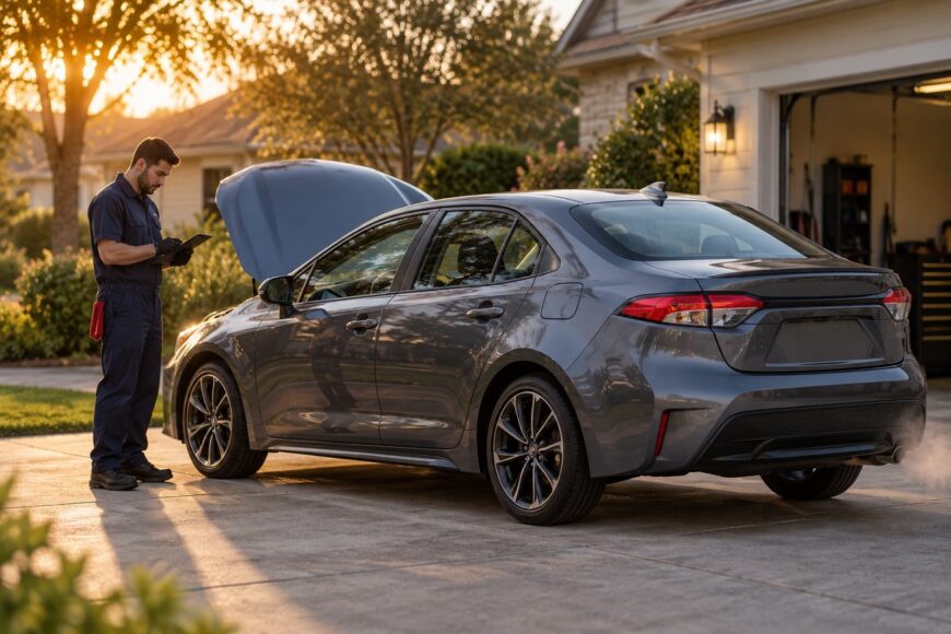 Mechanic in uniform holding a tablet while inspecting a gray Toyota Corolla parked in a residential driveway with its hood open