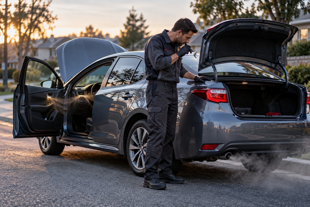 A mechanic in dark overalls inspecting a gray Toyota Corolla with open trunk and hood outdoors