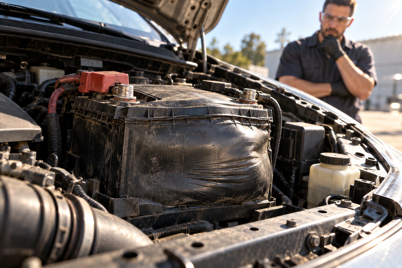 A mechanic in safety glasses looks at a badly swollen and deformed car battery under the hood of a Toyota Corolla