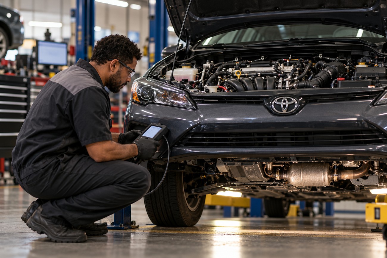 A mechanic in work clothes crouching and using a diagnostic scanner near the front of a gray Toyota Corolla with an open hood
