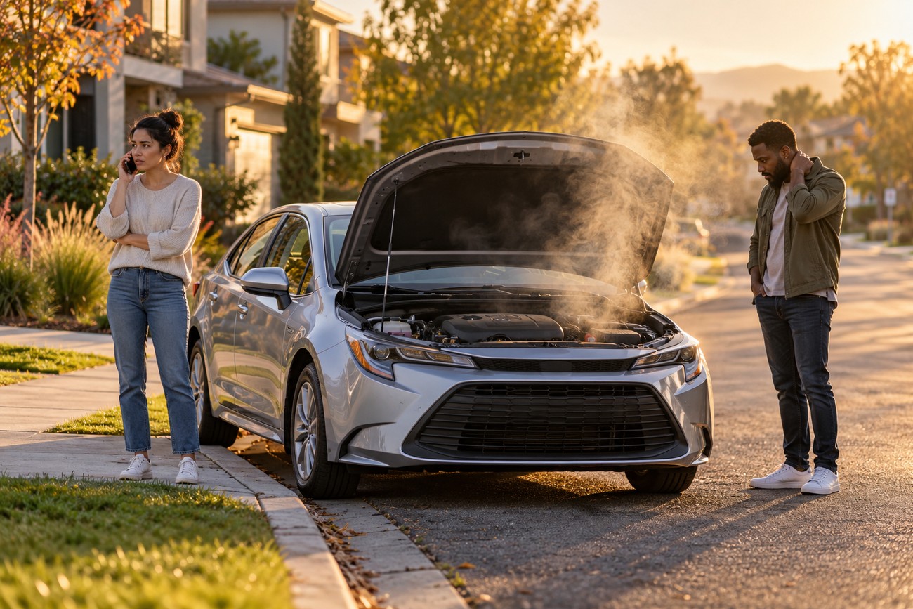 A frustrated couple standing next to a silver Toyota Corolla with the hood open and smoke rising from the engine