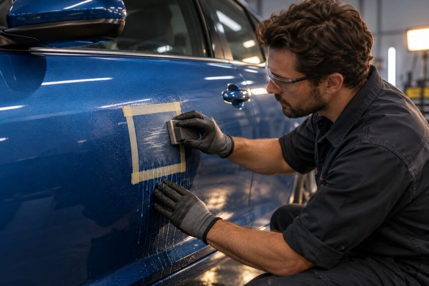 A mechanic in safety glasses and gloves sands a taped-off scratch on a blue car door