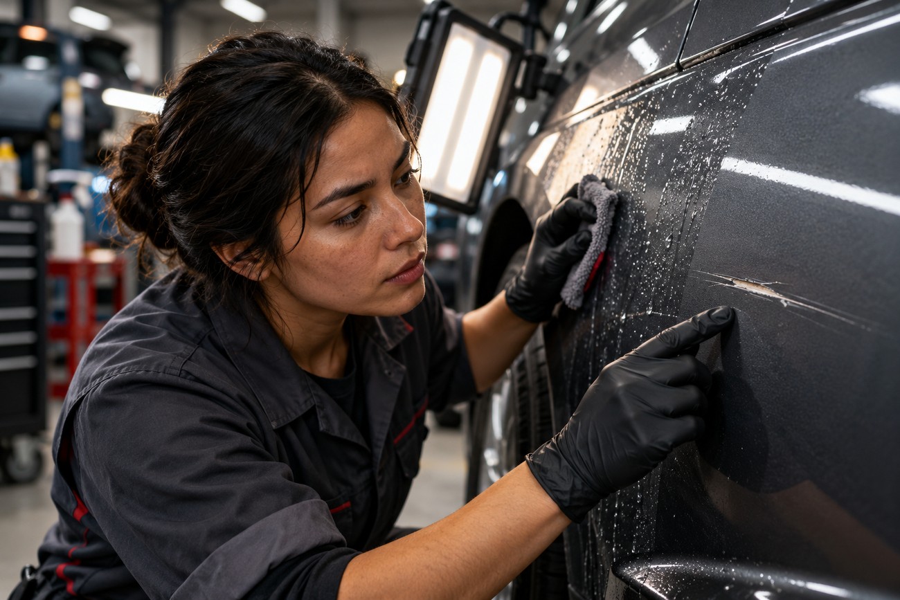 Female mechanic in black gloves inspecting a small scratch on a dark car body panel