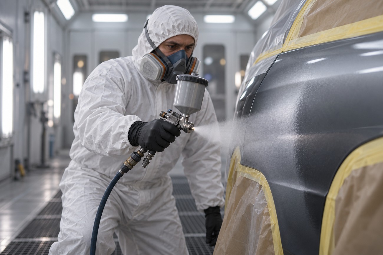 A technician in a protective suit uses a spray gun to paint a car panel in a workshop