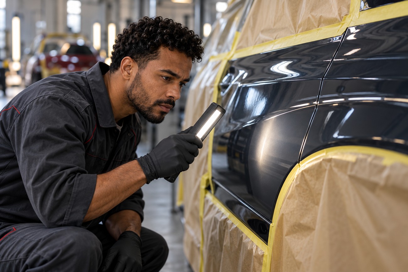 A mechanic in black gloves inspects a masked car door with a handheld work light in an auto body shop