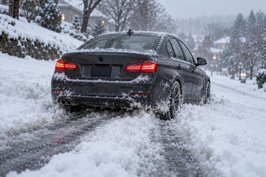 A dark BMW 3 Series sedan stuck in deep snow on a snowy suburban street with illuminated taillights