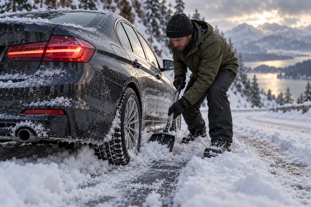 Driver shoveling deep snow from around the rear wheel of a dark BMW 3 Series on a winter mountain road