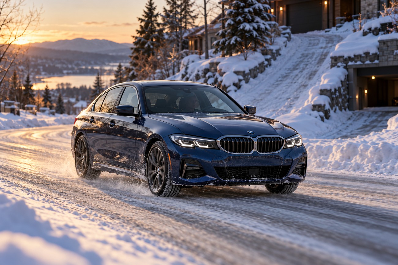 A dark blue BMW 3 Series driving on a snowy mountain road during a winter sunset