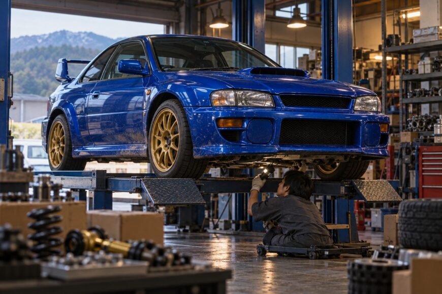 A mechanic inspecting the undercarriage of a classic blue Subaru Impreza 22B lifted on a hydraulic hoist in a busy auto repair shop